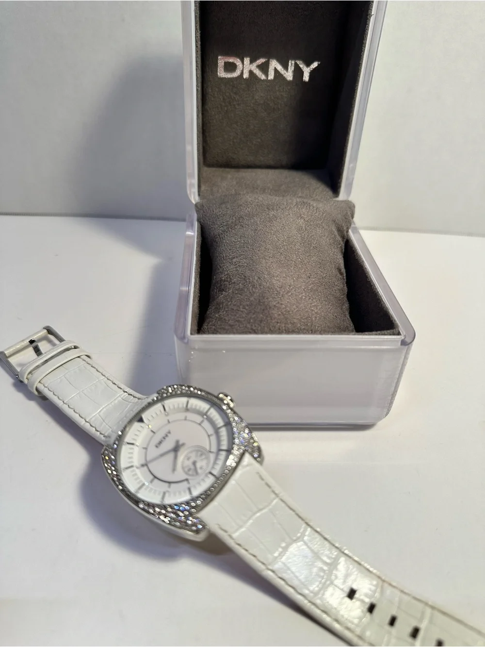 DKNY White Leather Strap Crystal Bezel Watch